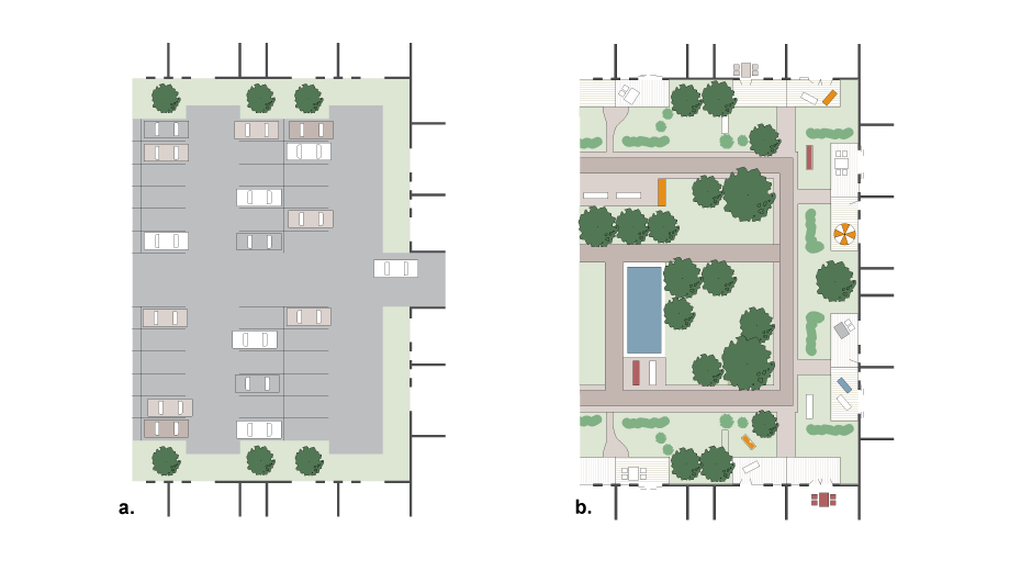 <p>a. Unsatisfactory parking arrangement</p><p>b. Underground or under-deck parking with landscaped private and communal outdoor space</p>