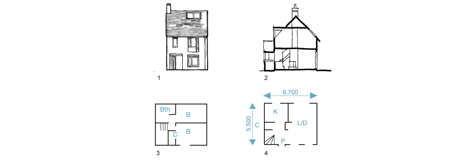 1. Front elevation 2. Section 3. First-floor 4. Ground-floor