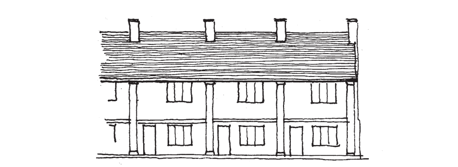 Front elevation with larger openings and facade subdivided to emphasise individual houses