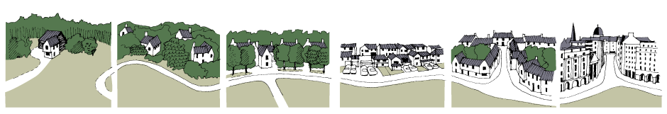 From left to right: Rural situation, Arcadia, Boulevard Planning, Unsatisfactory Suburbia, Urban Situation, Large Town/City Centre scale