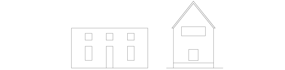 (Left) Vertically proportioned openings used with square openings to balance a horizontal elevation.  (Right) Horizontally proportioned opening balances a vertical projecting wing