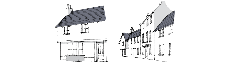 (Left) Overhanging jetty allows more flexibility of fenestration.  (Right) Insertion of three-storey element adds variety.