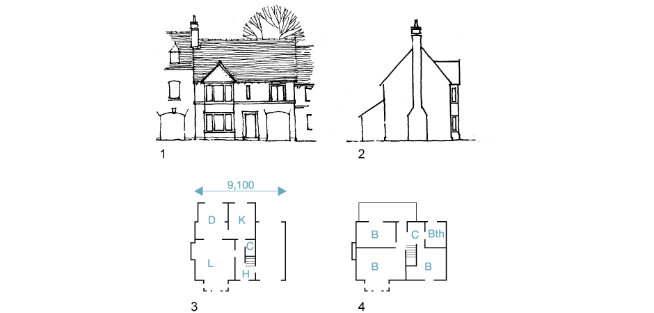 1. Front elevation 2. Side elevation 3. Ground-floor 4. First-floor