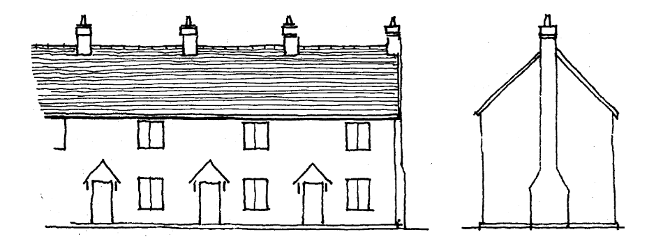 Front elevation with minimum openings. Illusion created of larger houses: door opening could control windows to either side