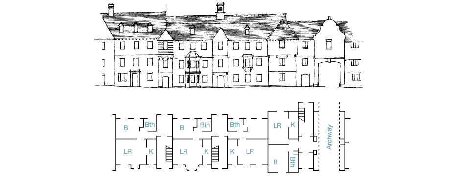 (Top) Front elevation. (Bottom) Ground-floor plan.