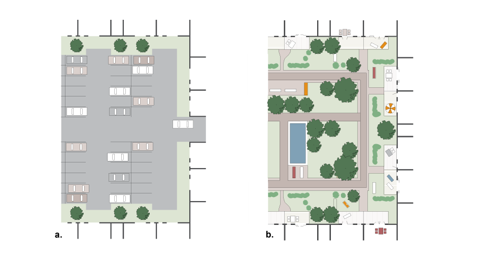 <p>a. Unsatisfactory parking arrangement</p><p>b. Underground or under-deck parking with landscaped private and communal outdoor space</p>