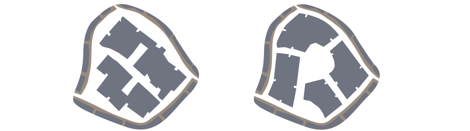 <p>(Left) Incorrect. Ragged, unconsidered edge. Layout generated by internal logic of site</p><p>(Right) Correct. Mismatch of orientation resolved within the site, forming more interesting internal space. Edge forms street with existing development</p>