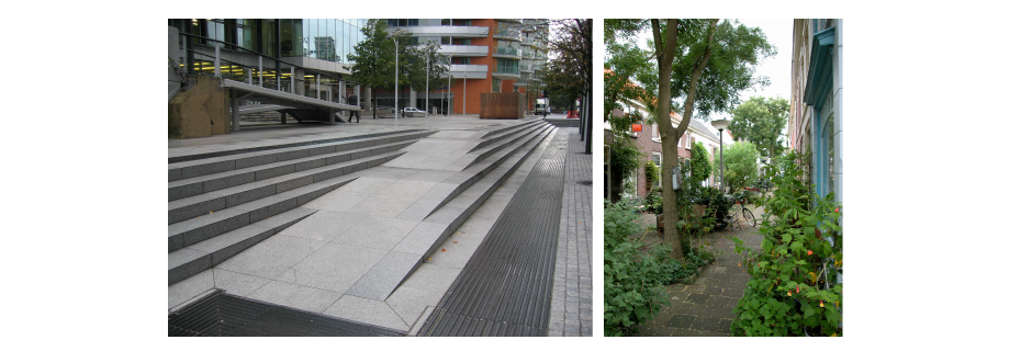 <p>(right) Wheelchair and pushchair ramp incorporated with steps, Paddington Basin, London Image </p><p>(left) Intimate urban environment with street trees</p>