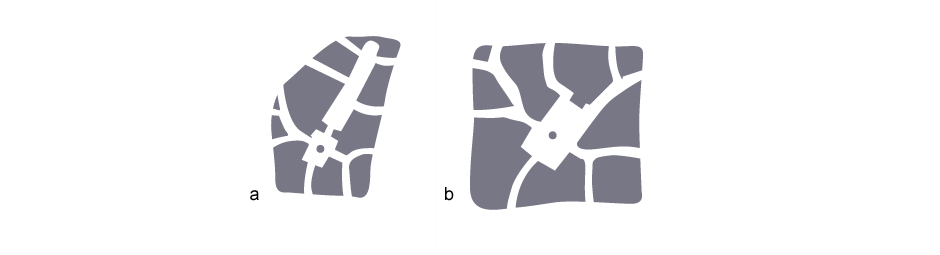 <p>a. Dynamic formal space – length should be limited to avoid monotony for the pedestrian  </p><p>b. Static formal space in matrix of informal layout</p>