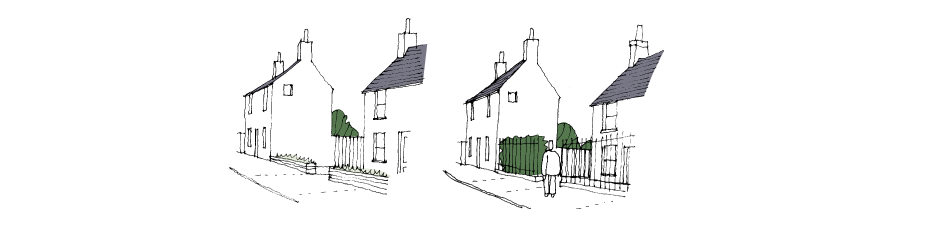 <p>(Left) Low walls, hedges or fences appear miniscule in scale and fail to offer any sense of ‘protection’ to the pedestrian </p><p>(Right) Tall railings, walls or hedges retain ‘protection’ and provide pedestrian scale </p>