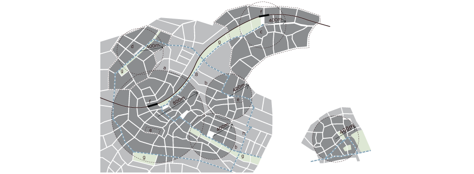 Assembled town diagram and small urban centre<p>a. Urban centre</p><p>b. Neighbourhoods/small urban centre</p><p>c. Sustainable urban extension</p><p>d. Large urban infill</p><p>e. Small urban infill</p><p>f. Railway station</p><p>g. Green space</p><p>h. Bus route</p>