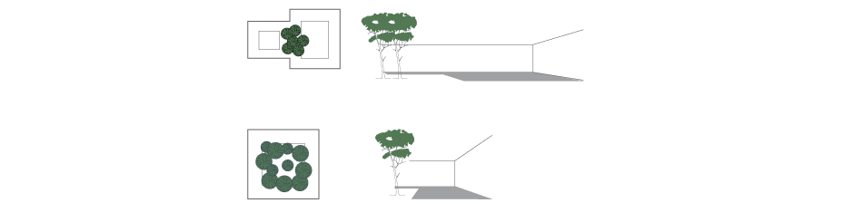 <p>(Top) Block of trees transforms long space into two separate spaces</p><p>(Bottom) Block of trees transforms square into linear circuit</p>