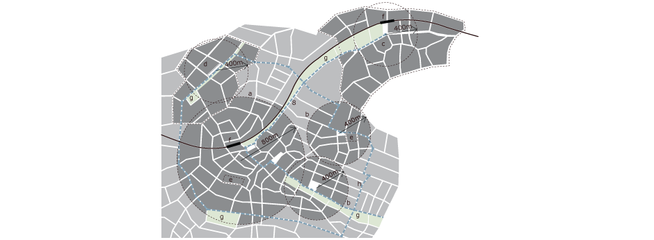 Assembled town diagram and small urban centre<p>a. urban centre b. neighbourhoods/small urban centrep c. sustainable urban extension d. large urban infill e. small urban infill f. railway station g. green space h. bus route