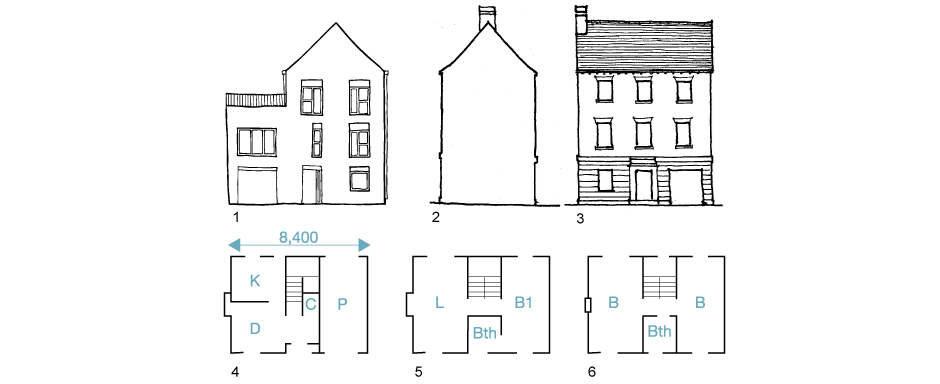 1. Front elevation 2½ storey 2. Side elevation 3 storey 3. Front elevation 3 storey 4. Ground-floor 5. First-floor 6. Second-floor