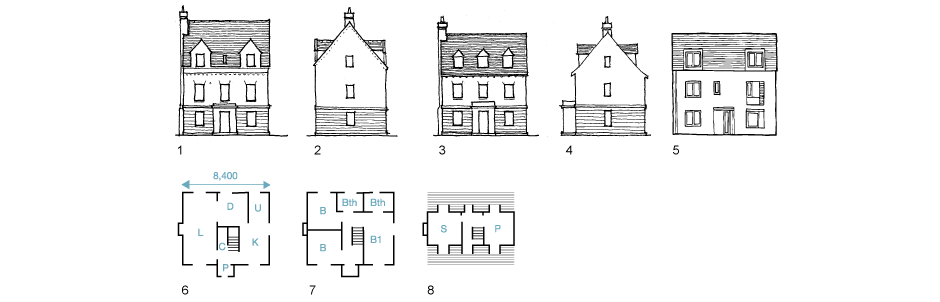 1. Ground-floor 2. Front elevation 3. Side elevation 4. Front elevation 5. Front elevation 6. Ground-floor 7. First-floor 8. Second-floor