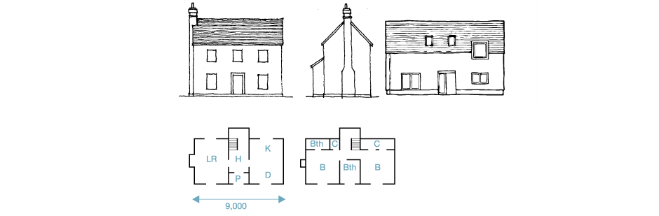 Front elevations and floor plans