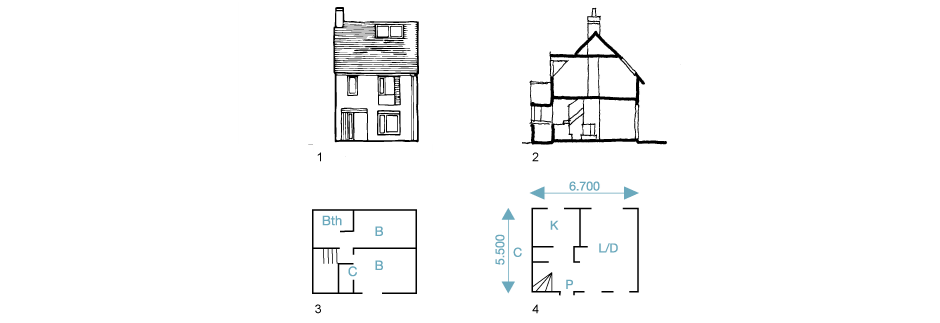 1. Front elevation 2. Section 3. First-floor 4. Ground-floor