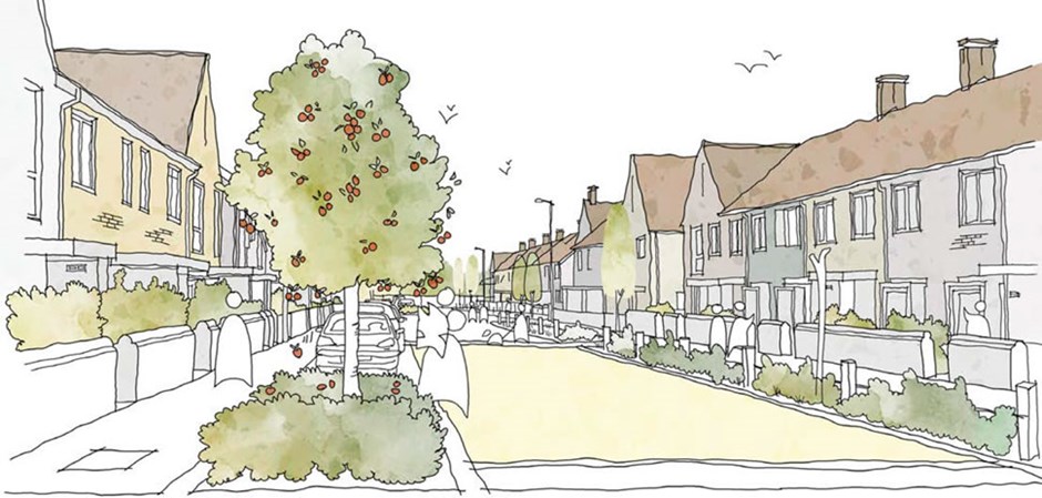 Indicative street scene which responds to the building widths traditionally found in Uttlesford, utilises varied roof forms, a mixed palette including coloured render, and responds to street ratios of the district. It also includes resilient measures such as street trees, biodiverse landscaping and controls parking.