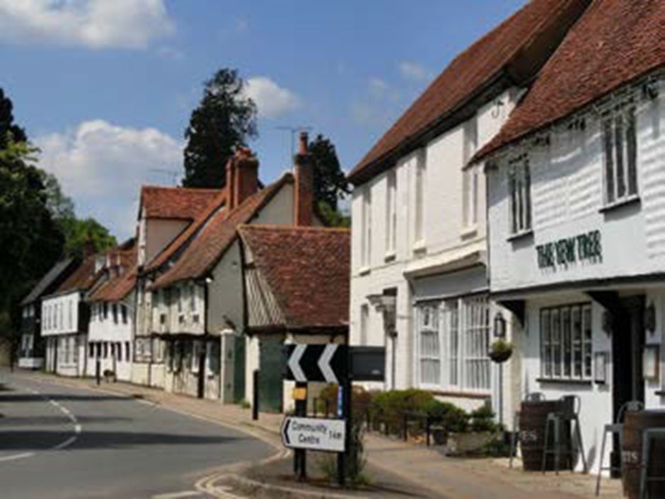 Varied roof forms, detailing and frontages in The Street, Manuden