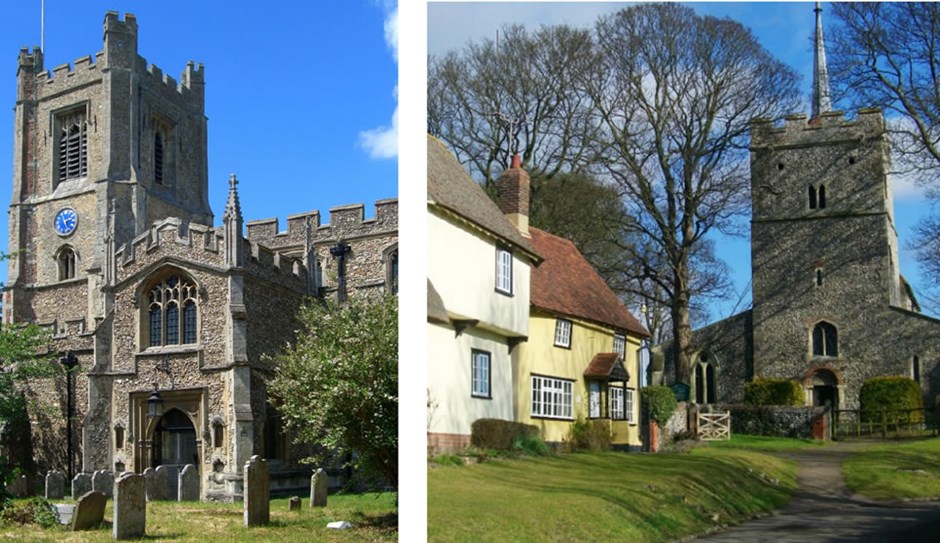 Great Dunmow church. Homes frame the view to the church in Wenden’s Ambo.