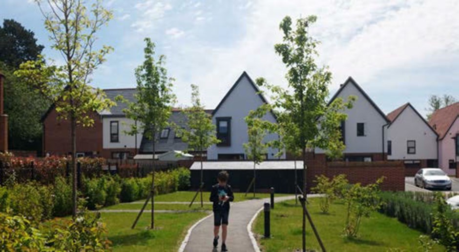 Joined buildings with variety in form and colour palette create a vibrant terrace at Morris Dance place, Thaxted (Photo Credit: Design for Homes).