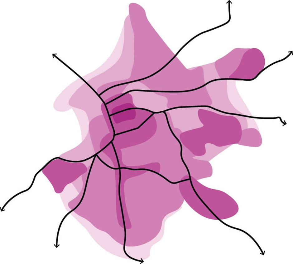 In Saffron Walden density peaks around the town centre and market square. Key routes through the settlement and around the historic core have increased densities through the use of compact housing.