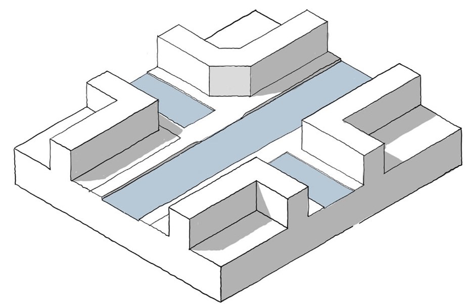 Diagram showing a blended / raised crossing at junctions to slow vehicle speeds and create a direct, accessible crossing.