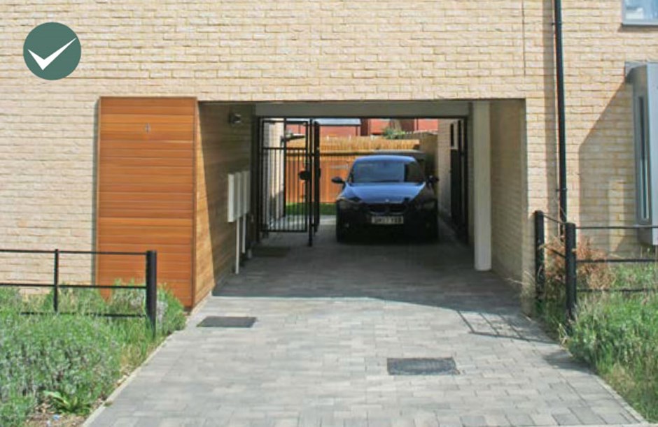 Car parking concealed on plot through the integration of a car port.