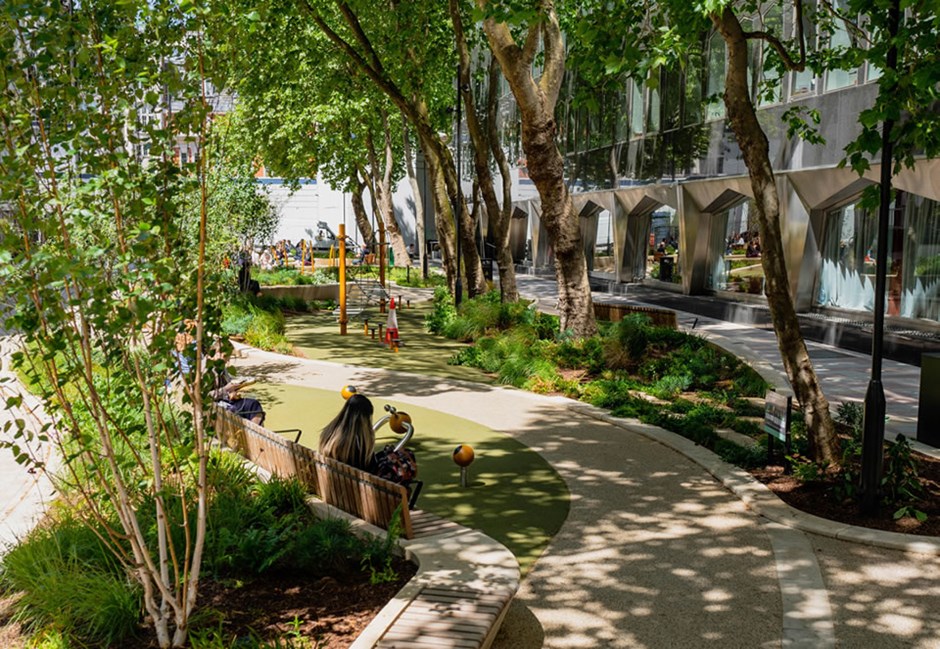 Streets as multi-functional spaces, including biodiverse planting, spaces to sit, informal play with use of trees to includes areas for shade.