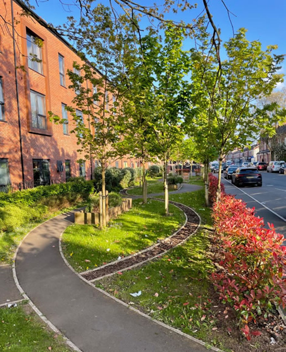 Public and private space is well-defined through landscaping and appropriate defensible space.