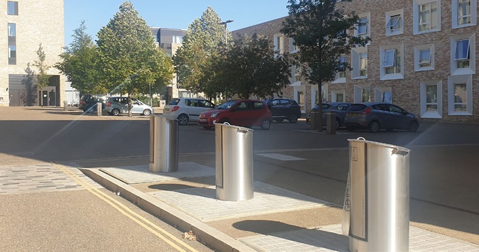 Communal waste points in Eddington, Cambridge, are effectively integrated into the street scene. Communal waste points allow for a designated service route in the development.