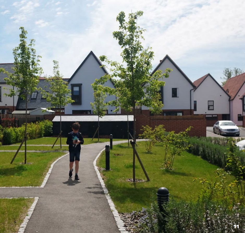 Safe and legible pedestrian link connects the development to Thaxted village (Photo Credit: Design for Homes)